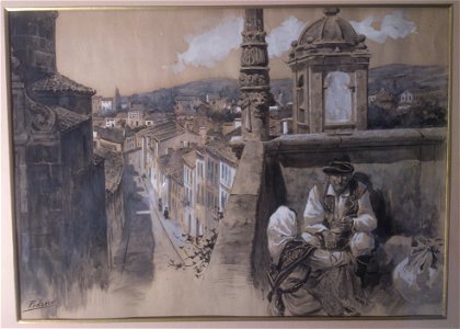 Santiago de Compostela, desde atrio Hospital Real, acuarela por Mariano Pedrero