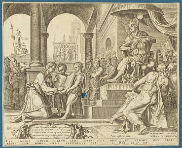 Saphan Reading the Book of the Law to Josiah 1569 print by Maarten van Heemskerck, S.I 55716, Prints Department, Royal Library of Belgium