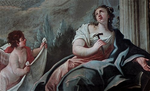 Schwäbisch Hall, Rathaus, Supraporte im Stättmeistersaal Allegorie auf die Tätigkeit mit Genius und Spruchband- Nemo otiosus!“