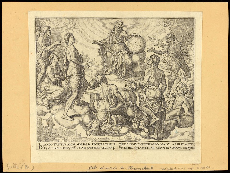 Satan Challenging The Lord to Remove his Protection from Job 1563 print by Maarten van Heemskerck, S.I 55707, Prints Department, Royal Library of Belgium