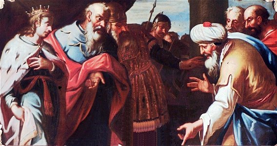Schwäbisch Hall, Rathaus, Supraporte im Ratssaal Schemajas Abbitte vor David - die Buße Schemajas, Schemaja kniet vor David und David vergibt ihm