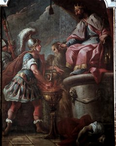 Schwäbisch Hall, Rathaus, Wandbild im Trausaal (Heldensaal) Mucius Scaevola bei der Feuerprobe