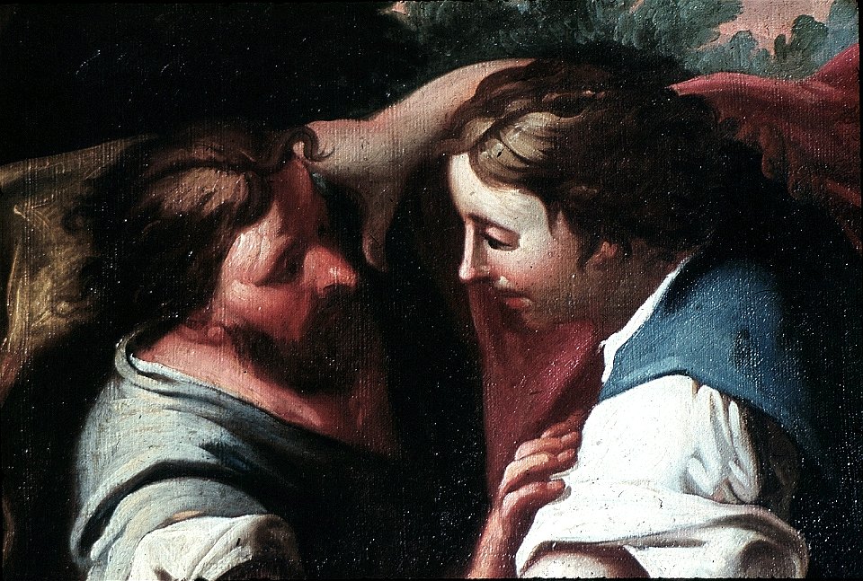 Schwäbisch Hall, Rathaus, Wandbild im Ratssaal Der nächtliche Ringkampf Jakobs mit dem Engel Gottes am Ufer des Jabbok (Portrait Jakob & Engel)