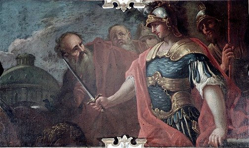 Schwäbisch Hall, Rathaus, Supraporte im Trausaal (Heldensaal) Alexander der Große zerhaut den Gordischen Knoten