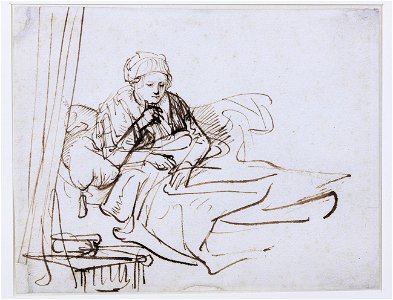Saskia in Bed, Rembrandt van Rijn, 1635, drawing, 14.8 by 19.1 cm, Groninger Museum. Free illustration for personal and commercial use.