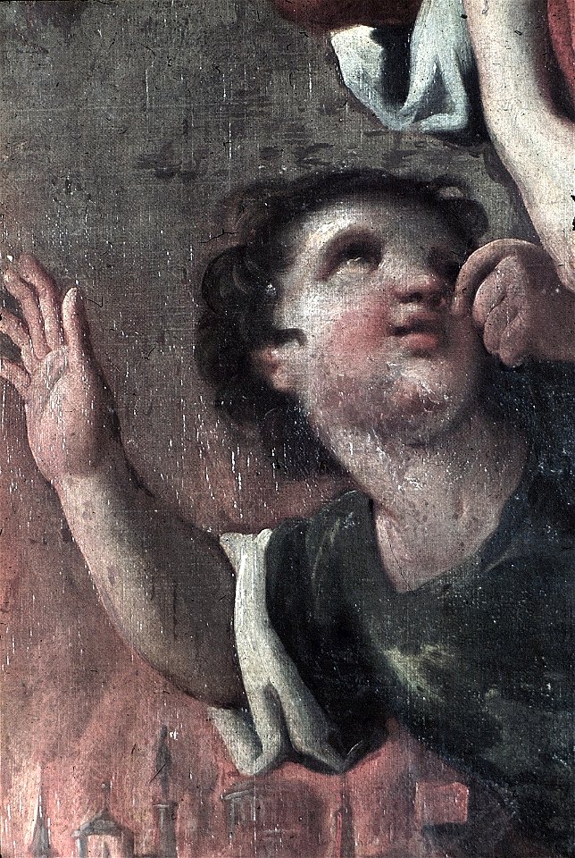 Schwäbisch Hall, Rathaus, Wandbild im Trausaal (Heldensaal) Aeneas rettet seinen Vater Anchises aus dem brennenden Troja (Ausschnitt 3)
