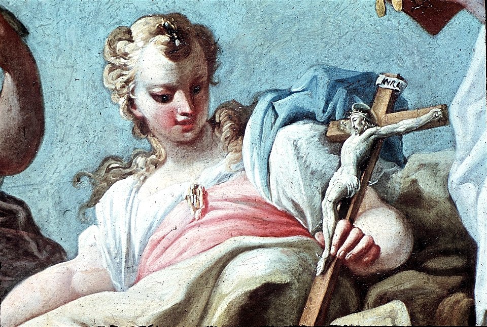 Schwäbisch Hall, Rathaus, Deckengemälde im Ratssaal Sieg der Tugend über die Laster oder Sieg des Christentums über das Heidentum (Ausschnitt Fides als Allegorie auf den christlichen Glauben mit Kreuz)