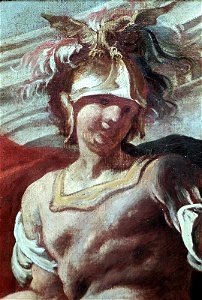 Schwäbisch Hall, Rathaus, Deckengemälde im Trausaal Achilles, Patroclus, Hektor, Aeneas, Caesar, Pompejus, Scipio. Hannibal o. Achilles, Patroklos, Hektor, Aeneas, Romulus, Pompeius, Scipio, Fabius (Pompeius)