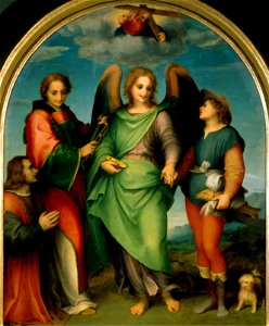 Andrea del Sarto - The Archangel Raphael with Tobias, St. Leonard and the Donor, Leonardo di Lorenzo Morelli - Google Art Project. Free illustration for personal and commercial use.