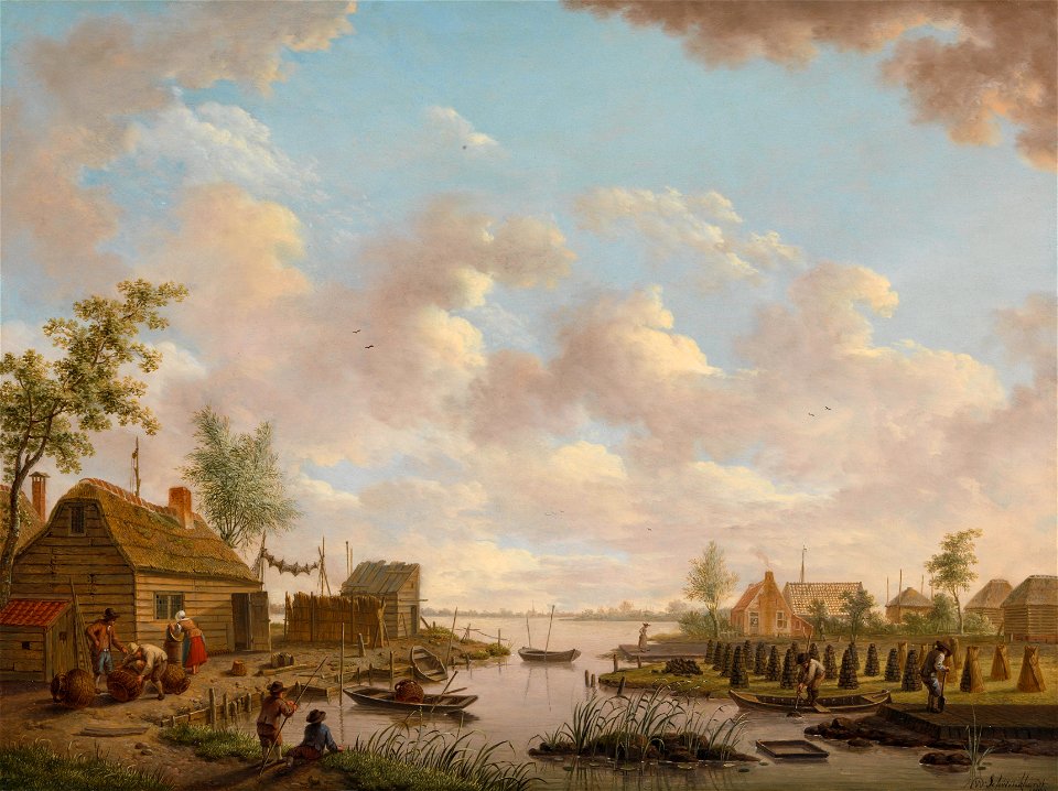 Hendrik Willem Schweickhardt - Landschap met vissers en turfstekende boeren in het laagveen