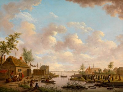 Hendrik Willem Schweickhardt - Landschap met vissers en turfstekende boeren in het laagveen