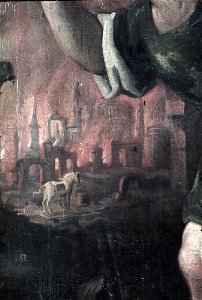 Schwäbisch Hall, Rathaus, Wandbild im Trausaal (Heldensaal) Aeneas rettet seinen Vater Anchises aus dem brennenden Troja (Ausschnitt 2)
