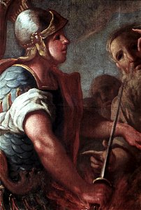 Schwäbisch Hall, Rathaus, Wandbild im Trausaal (Heldensaal) Mucius Scaevola bei der Feuerprobe (Portrait des Gaio Muzio Scevola, Muzio Cordo bzw. Caius Mucius Scævola; 524 a.C. – 480 a.C. ca)