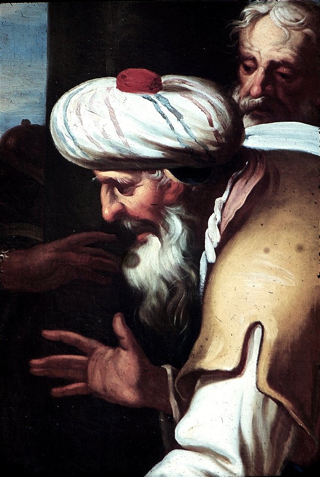 Schwäbisch Hall, Rathaus, Supraporte im Ratssaal Schemajas Abbitte vor David - die Buße Schemajas, Schemaja kniet vor David und David vergibt ihm (Portrait des Simei, wohl Kurzform von Schemaja ; um 1010–926 v. Chr.)