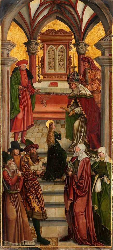 Schwäbisch, 1520 - Linker Altarflügel, Innenseite, Tempelgang Mariens Rückseite, Rosenkranz - 5357 - Bavarian State Painting Collections
