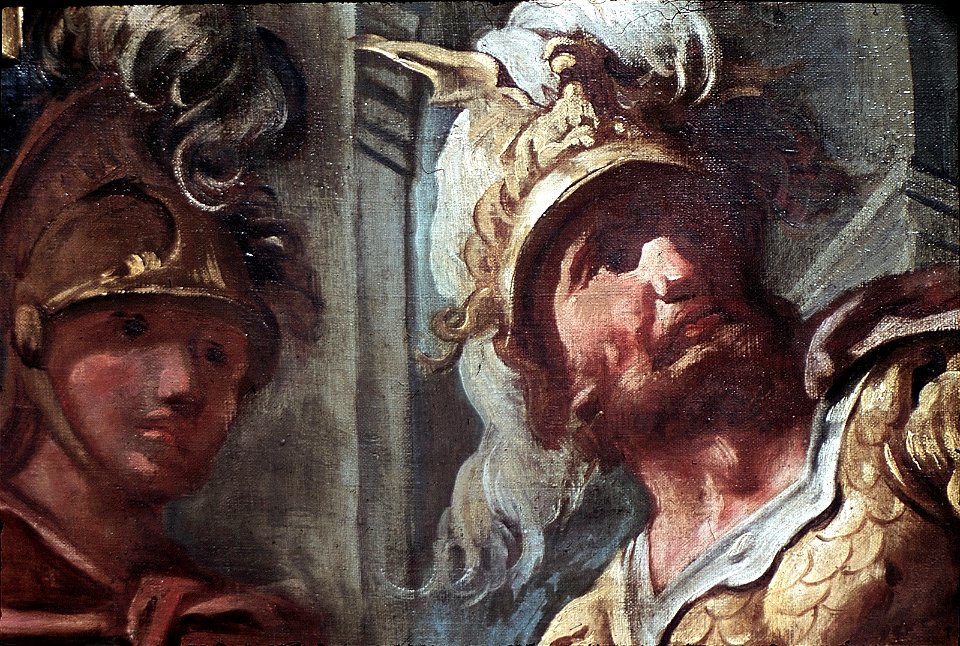 Schwäbisch Hall, Rathaus, Fresko Achilles, Patroclus, Hektor, Aeneas, Caesar, Pompejus, Scipio. Hannibal o. Achilles, Patroklos, Hektor, Aeneas, Romulus, Pompeius, Scipio, Fabius (Achilles und Patroklos)