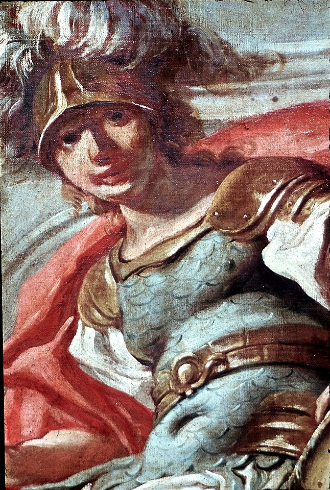 Schwäbisch Hall, Rathaus, Fresko Achilles, Patroclus, Hektor, Aeneas, Caesar, Pompejus, Scipio. Hannibal o. Achilles, Patroklos, Hektor, Aeneas, Romulus, Pompeius, Scipio, Fabius (Romulus oder Cäsar)