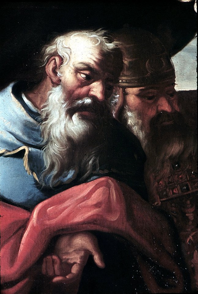 Schwäbisch Hall, Rathaus, Supraporte im Ratssaal Schemajas Abbitte vor David - die Buße Schemajas, Schemaja kniet vor David und David vergibt ihm (Ausschnitt zwei Männer)