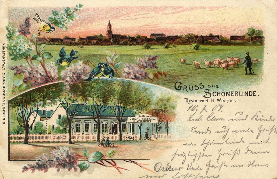 Schönerlinde, Brandenburg - Stadtansicht; Restaurant Garten und Kegelbahn H. Wichert (Zeno Ansichtskarten)
