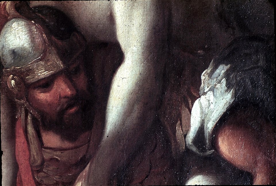 Schwäbisch Hall, Rathaus, Wandbild im Trausaal (Heldensaal) Aeneas rettet seinen Vater Anchises aus dem brennenden Troja (Ausschnitt 1)