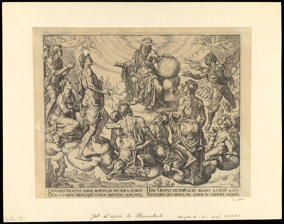 Satan Challenging The Lord to Remove his Protection from Job 1563 print by Maarten van Heemskerck, S.I 55708, Prints Department, Royal Library of Belgium