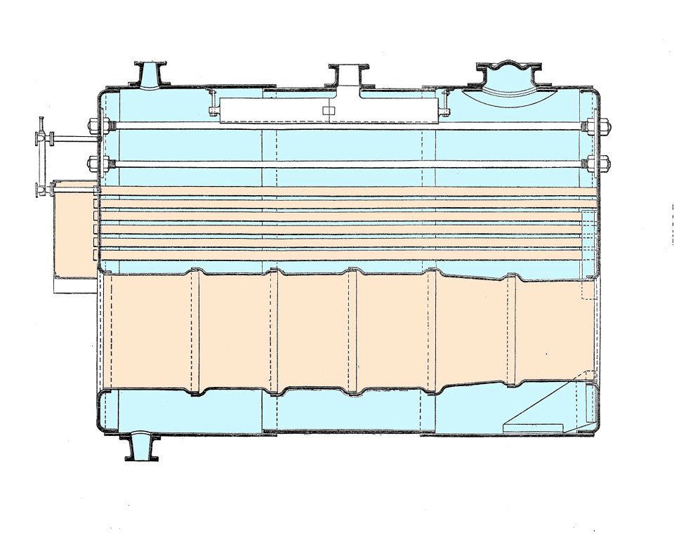 Scotch marine boiler, dryback, section, coloured (Rankin Kennedy, Modern Engines, Vol VI)