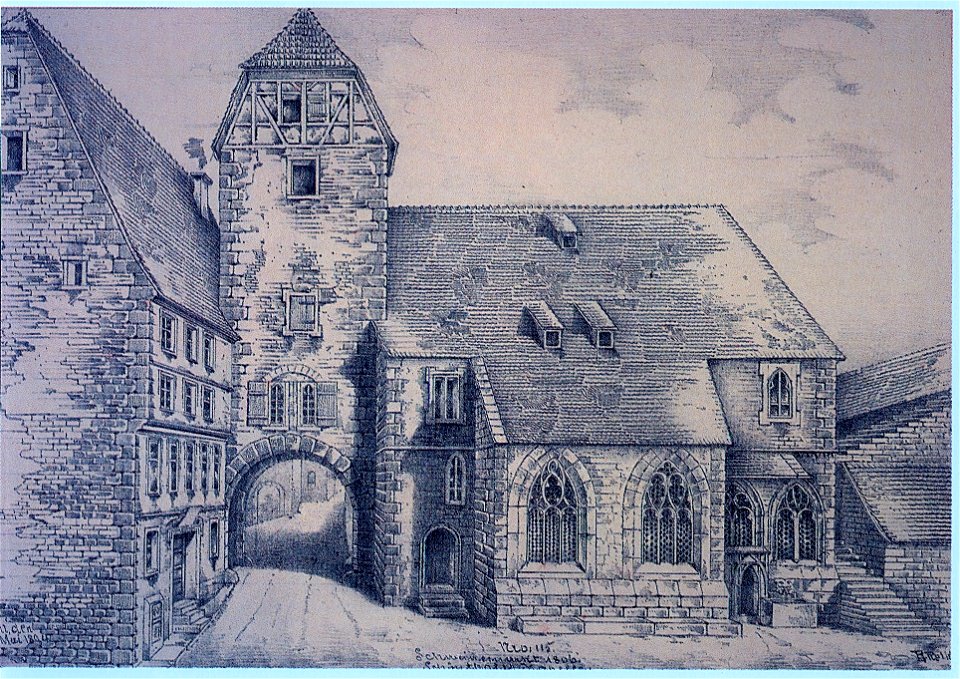 Schwäbisch Hall, Haus von der Stetten (links) Stätt-Tor (Mitte) und Marienkapelle vom Kloster Schöntal (auch Schöntaler Kapelle), Am Säumarkt 12 (heute Württembergisches Wachhaus)