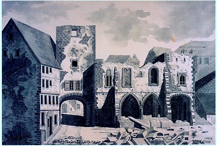 Schwäbisch Hall, Haus von der Stetten (links) Stätt-Tor (Mitte) und Marienkapelle vom Kloster Schöntal (auch Schöntaler Kapelle), Am Säumarkt 12 (heute Württembergisches Wachhaus), Abbruch im Jahre 1807