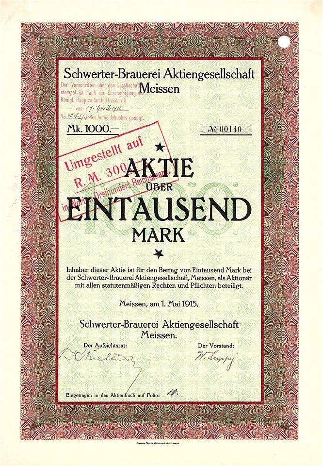 Schwerter-Brauerei AG 1000 Mk 1915
