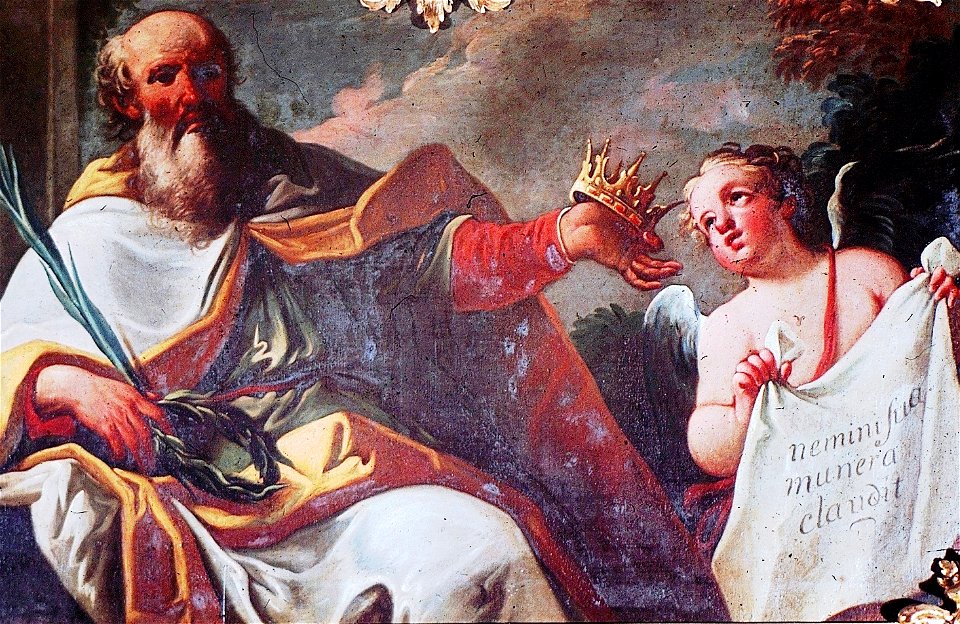 Schwäbisch Hall, Rathaus, Supraporte im Stättmeistersaal Allegorie auf den Verdienst mit Genius und Spruchband - Nemini sua munera claudit“