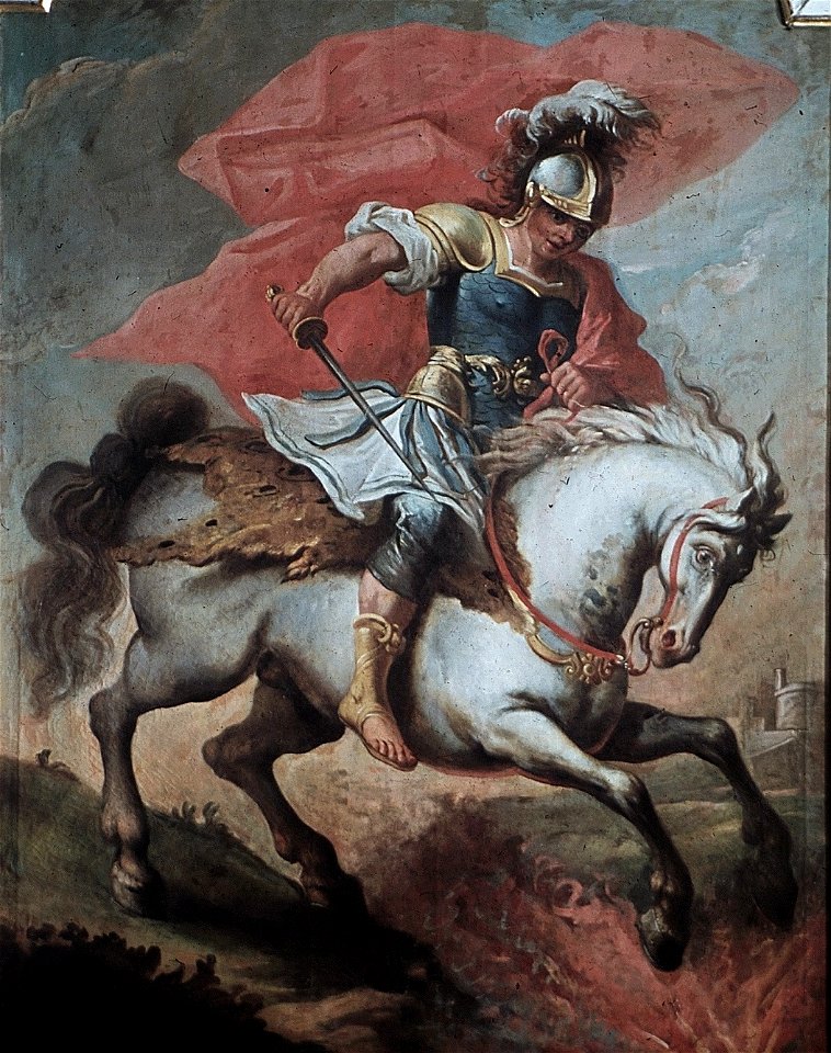 Schwäbisch Hall, Rathaus, Wandbild im Trausaal (Heldensaal) Der Opfertod des Marcus Curtius
