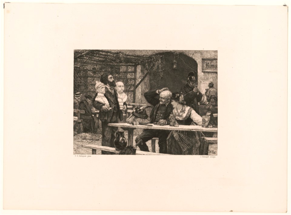 Sculptor holding two busts for a couple's inspection at a beer garden) - Hellqvist München 1882 ; C.G. Hellqvist pinx ; J. Holzapfl sculps LCCN2004669650