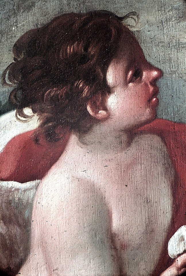 Schwäbisch Hall, Rathaus, Supraporte im Stättmeistersaal Allegorie auf die Tätigkeit mit Genius und Spruchband- Nemo otiosus!“ (Ausschnitt mit Genius)