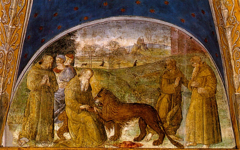 Scuola di pinturicchio, san girolamo toglie la spina dalla zampa del leone, cappella della rovere, santa maria del popolo