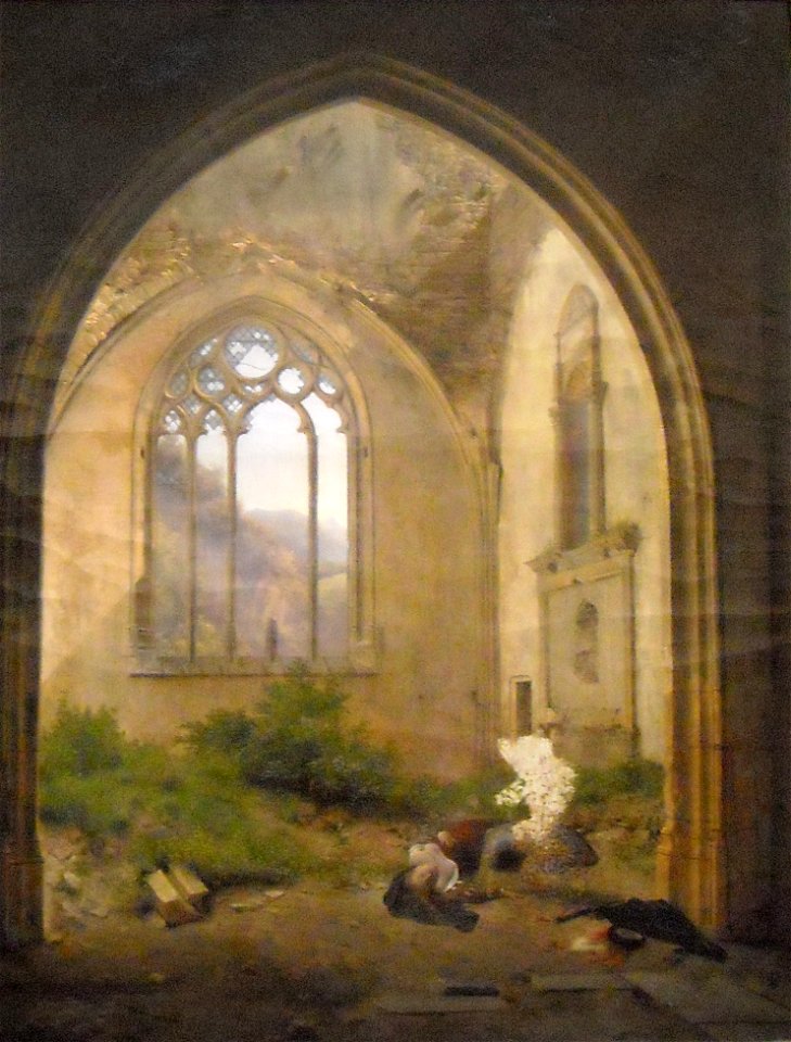 Scène dans une chapelle ruinée
