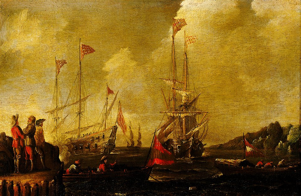 Sebastian Castro - Harbour Scene, Spanish Ships Approaching a Jetty