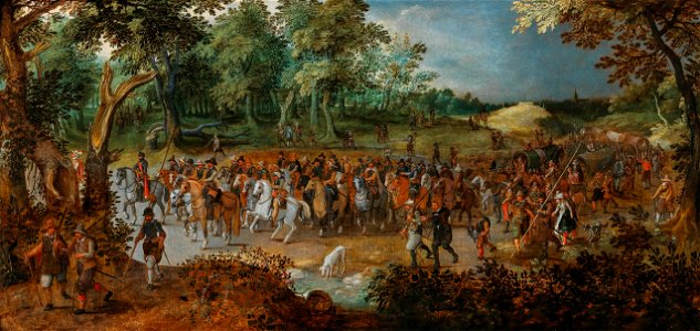 Sebastiaen Vrancx - A procession of soldiers on horseback at the entrance of a forest. Free illustration for personal and commercial use.