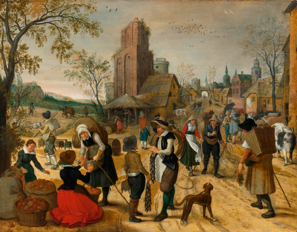 Sebastiaan Vrancx - Autumn, market scene in the heart of a village