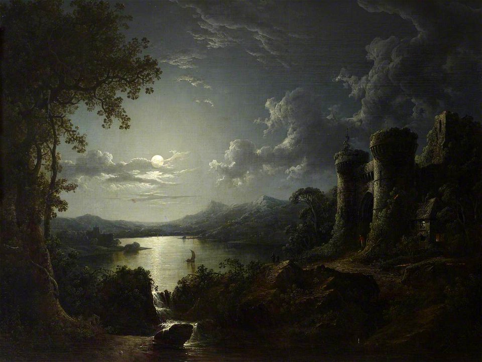 Sebastian Pether (1790-1844) - Moonlit River Landscape with a ...