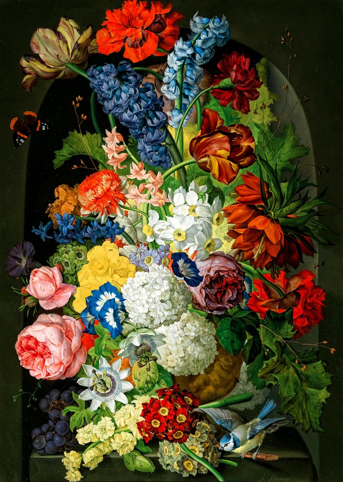 Sebastian Wegmayr Blumenstück mit Schmetterling und Blaumeise