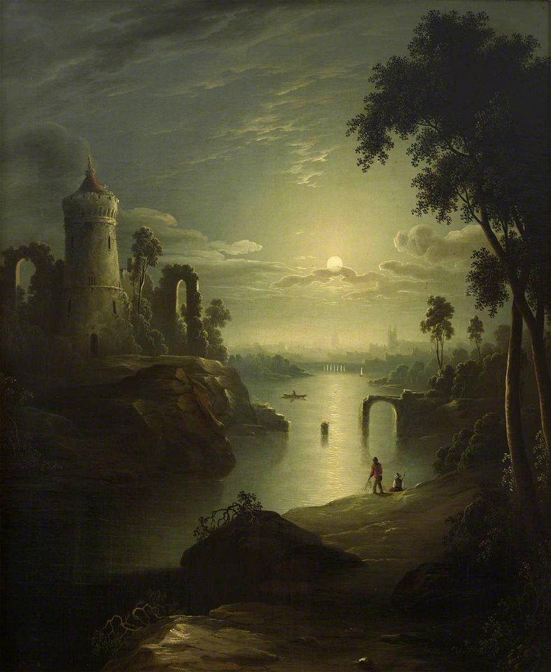 Sebastian Pether (1790-1844) (follower of) - Moonlit River Scene with a ...