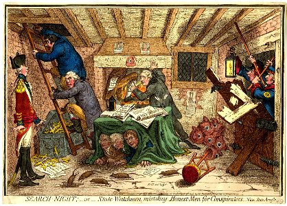 Search-night; -or- state-watchmen, mistaking honest-men for conspirators. -Vide state arrests (BM 1851,0901.901)