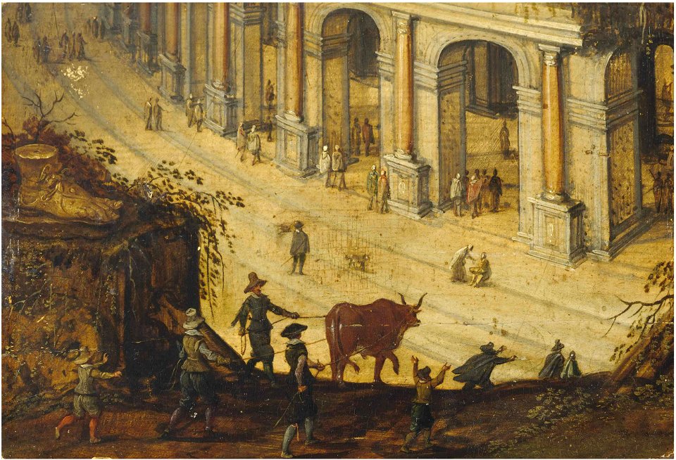 Sebastiaen Vrancx - A drover leading a bull on a path, with elegant figures (a fragment)