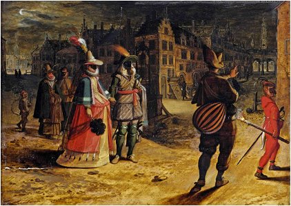 Sebastiaen Vrancx - A view of Antwerp by night with elegant figures on their way to a masquerade