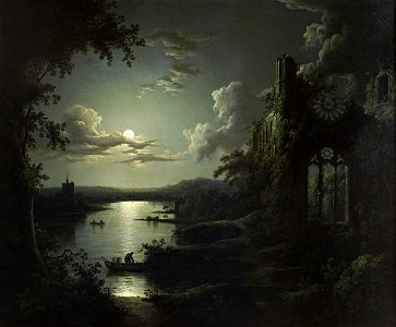 Sebastian Pether (1790-1844) - Moonlit Lake with a Ruined Gothic Church, a Church and Boatmen - 515484 - National Trust