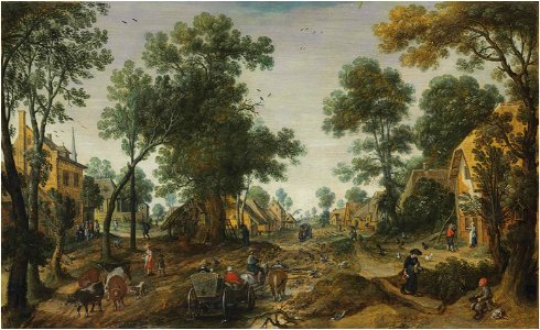 Sebastiaen Vrancx - A village landscape with travelers in a horse-drawn carriage on a path