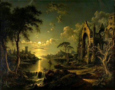Sebastian Pether (1790-1844) - A Ruined Gothic Church beside a River by Moonlight - 719389 - National Trust