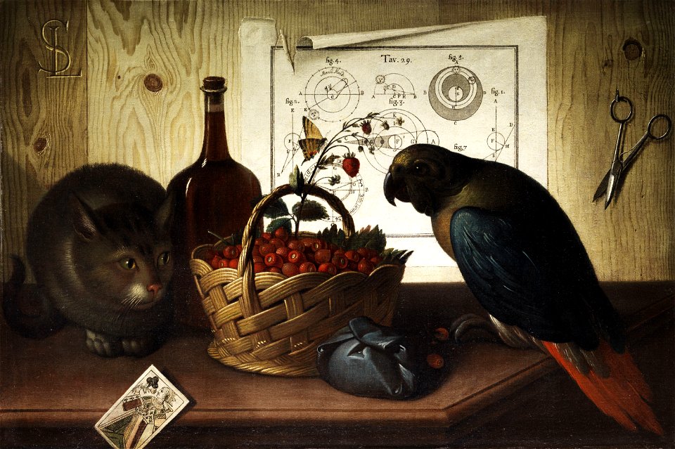 Sebastiano Lazzari Stillleben mit Katze und Papagei
