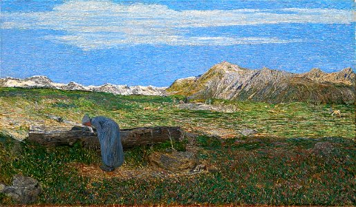 Segantini - Alpenlandschaft mit Frau am Brunnen, um 1893, OR 366