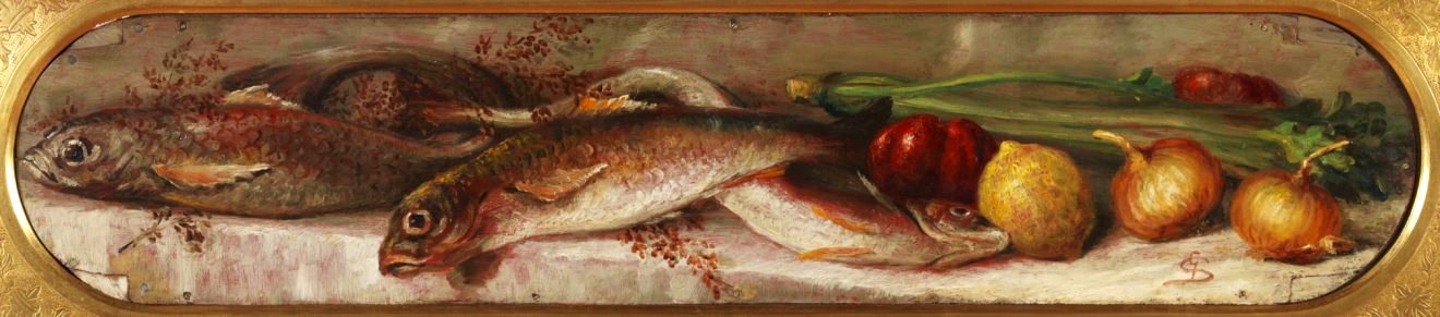 Segantini - Natura morta con pesce e verdura, 1879-1880. Free illustration for personal and commercial use.
